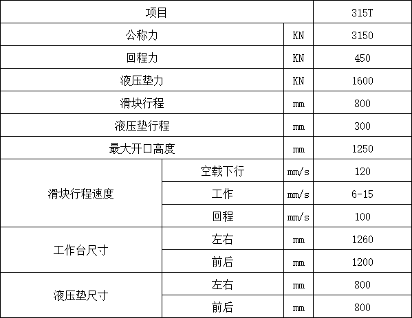 315吨框架式液压机技术参数
